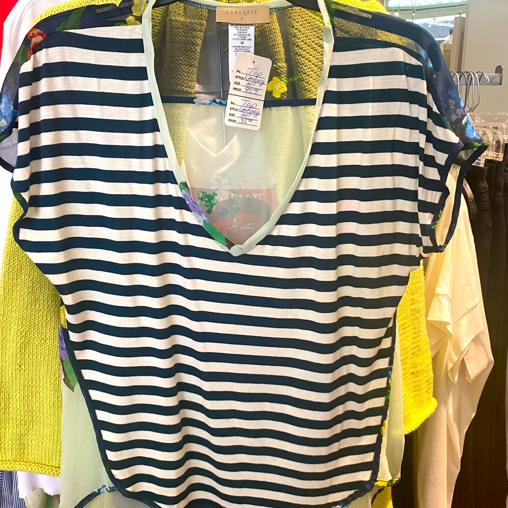 Language Tee - Stripes w/See-thru Floral Back